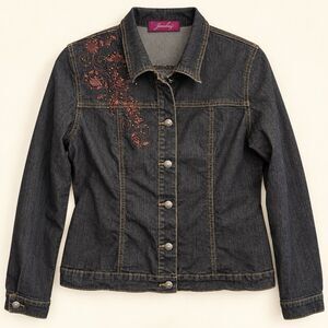 Jeanbay Women’s Black Denim Jacket Large Floral Embroidered Studded Button Front